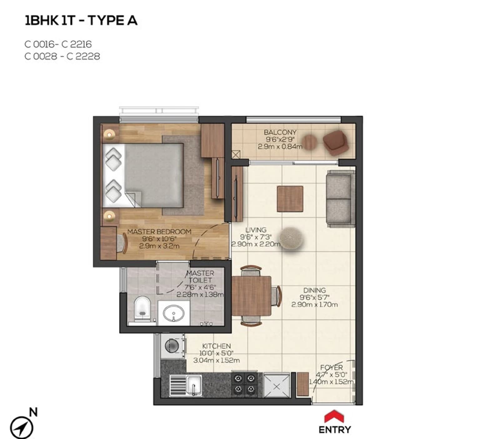 Floor plan, 1BHK 1T - TYPE A