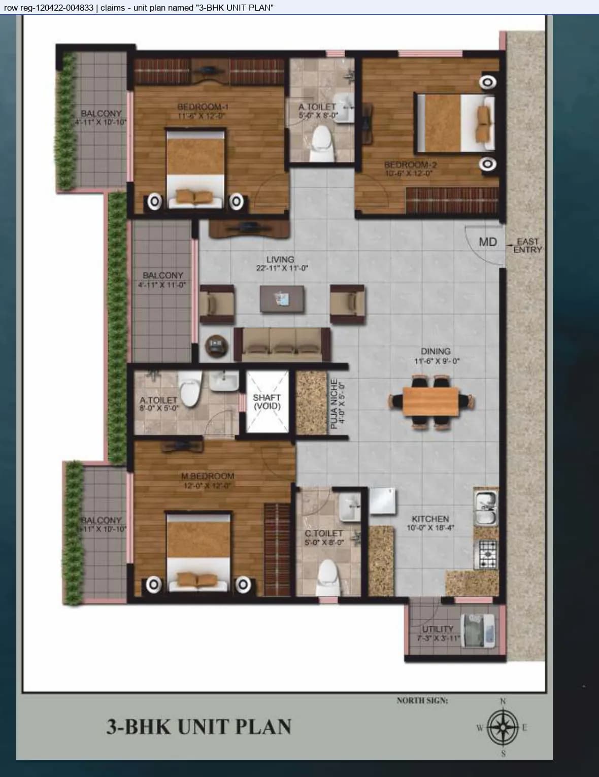 Floor plan, 3 BHK