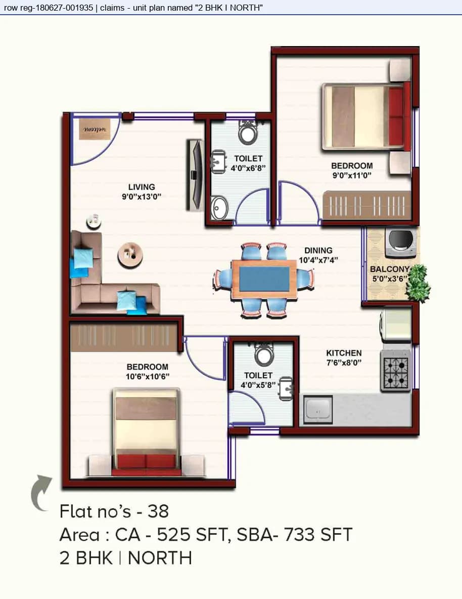 Floor plan, 2 BHK · North