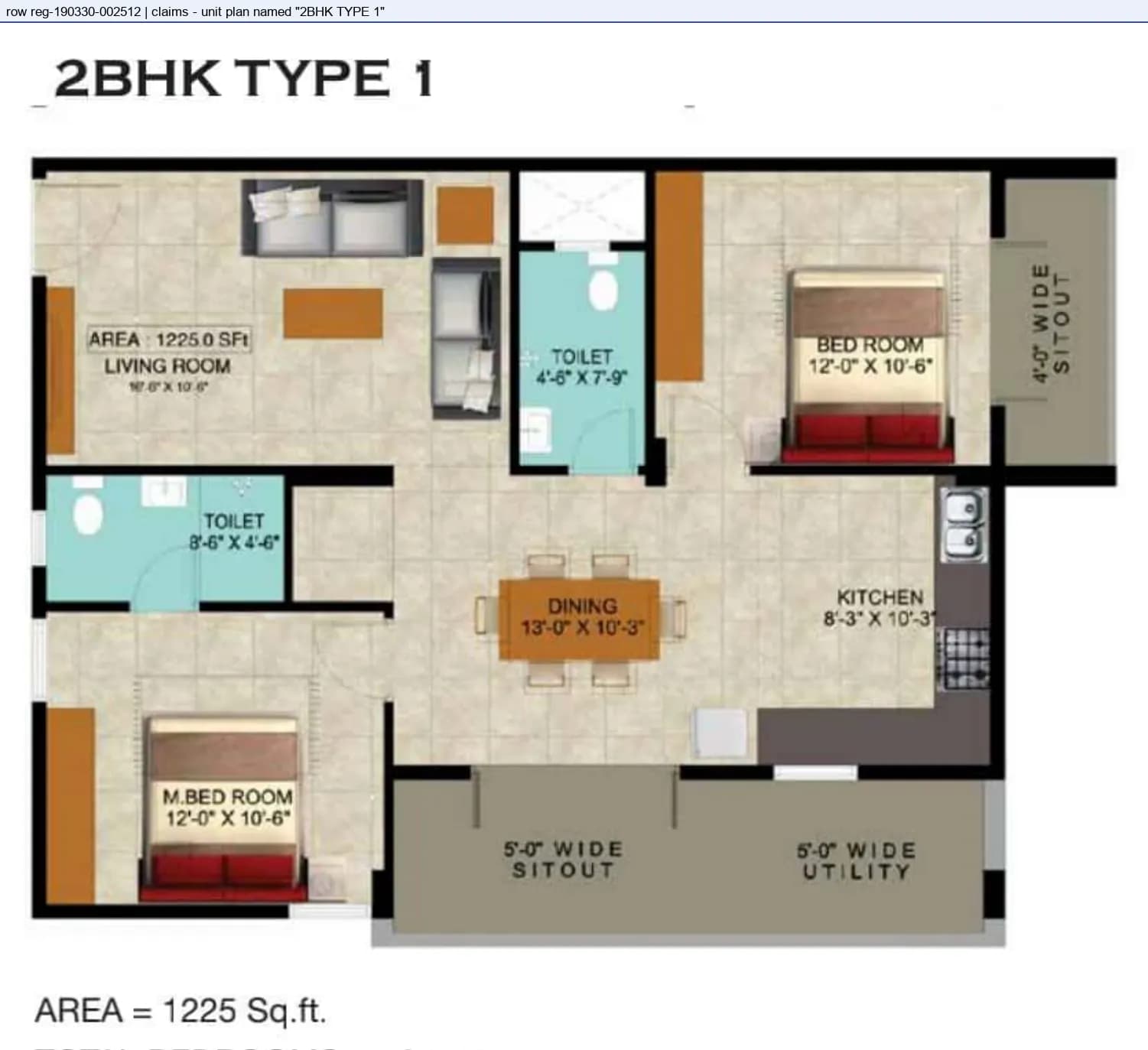 Floor plan, 2 BHK Type 1