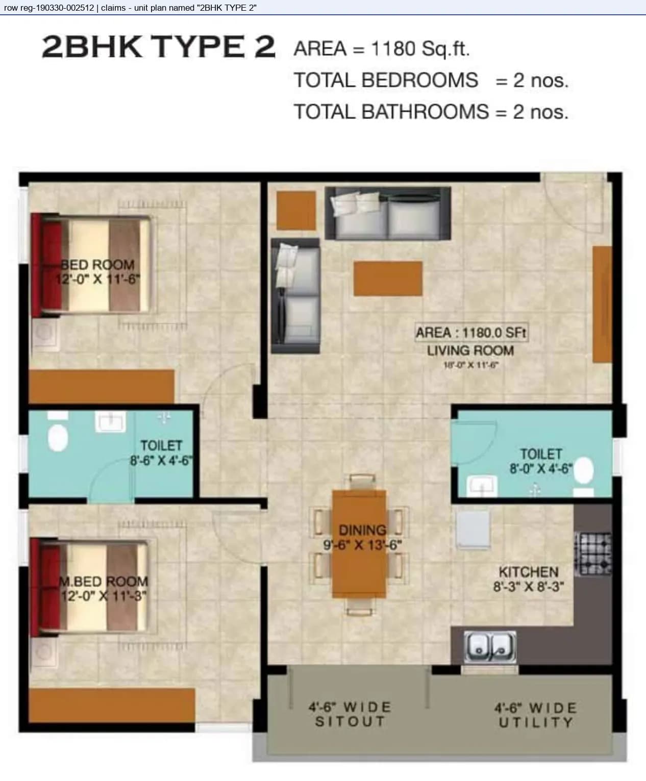 Floor plan, 2 BHK Type 2