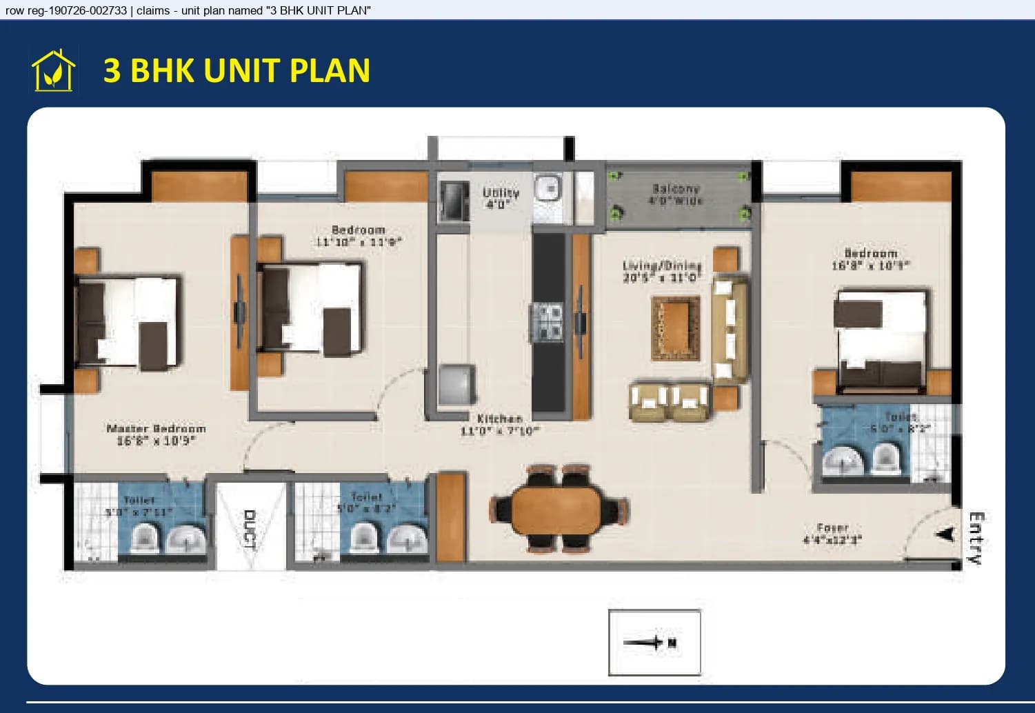 Floor plan, 3 BHK
