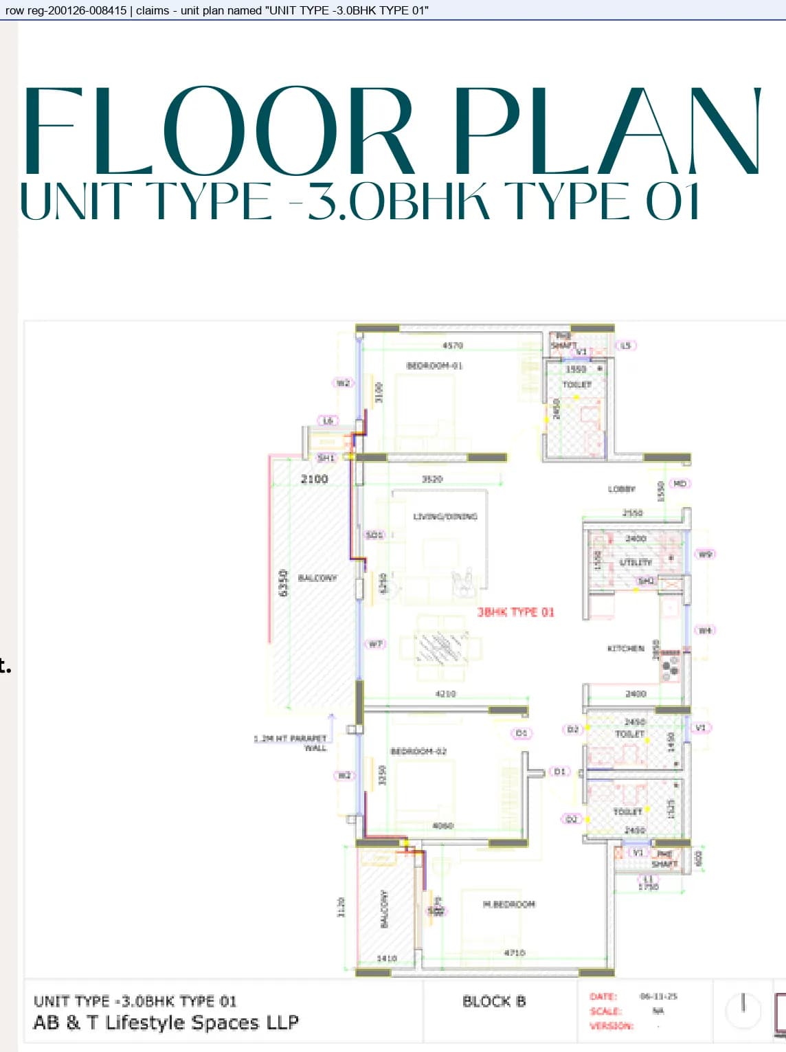 Floor plan, 3 BHK Type 01