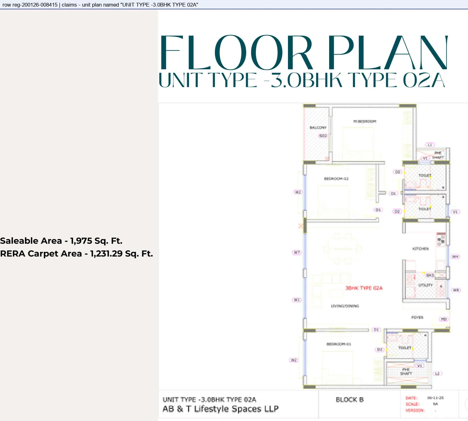 Floor plan, 3 BHK Type 02A